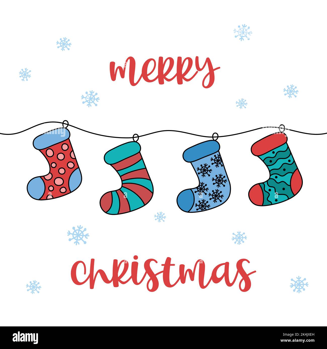 Funny Merry Christmas card. Hanging xmas socks. Vector cute colorful doodles. Outline hand drawn illustrations of isolated festive stockings for gifts Stock Vector