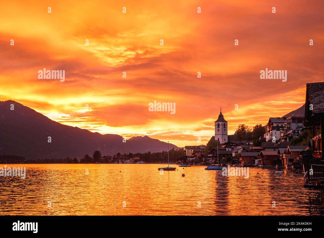 Beautiful sunset over Wolfgangsee lake at St. Wolfgang, Upper Austria