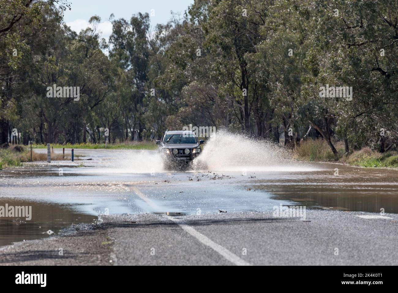 September 18, 2022, Kamilaroi Highway, Boggabri NSW, Australia: A four wheel drive vehicle makes its way along the flooded main road between Boggabri and Narrabri in north-western NSW. This and other nearby areas have been inundated after the Namoi River burst its banks. The road was being carefully monitored by local SES staff and was closed to all traffic later in the day due to increased water levels. Credit, Stephen Dwyer, Alamy Stock Photo