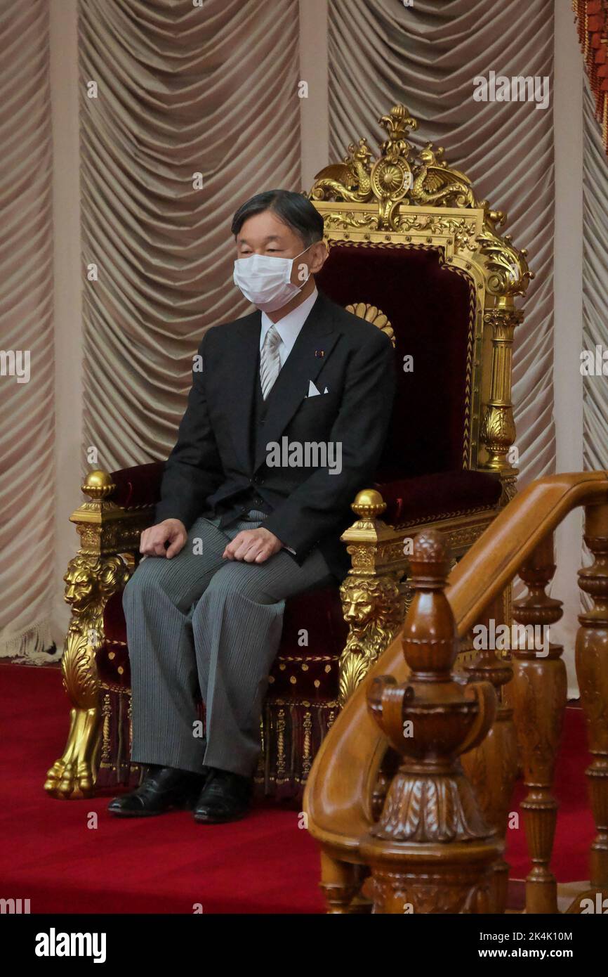 Tokyo, Japan. 03rd Oct, 2022. Japan's Emperor Naruhito wearing a face mask, attends the opening of the 210th Extraordinary Diet session at the National Diet in Tokyo, Japan on Monday, October 3, 2022. Photo by Keizo Mori/UPI Credit: UPI/Alamy Live News Stock Photo