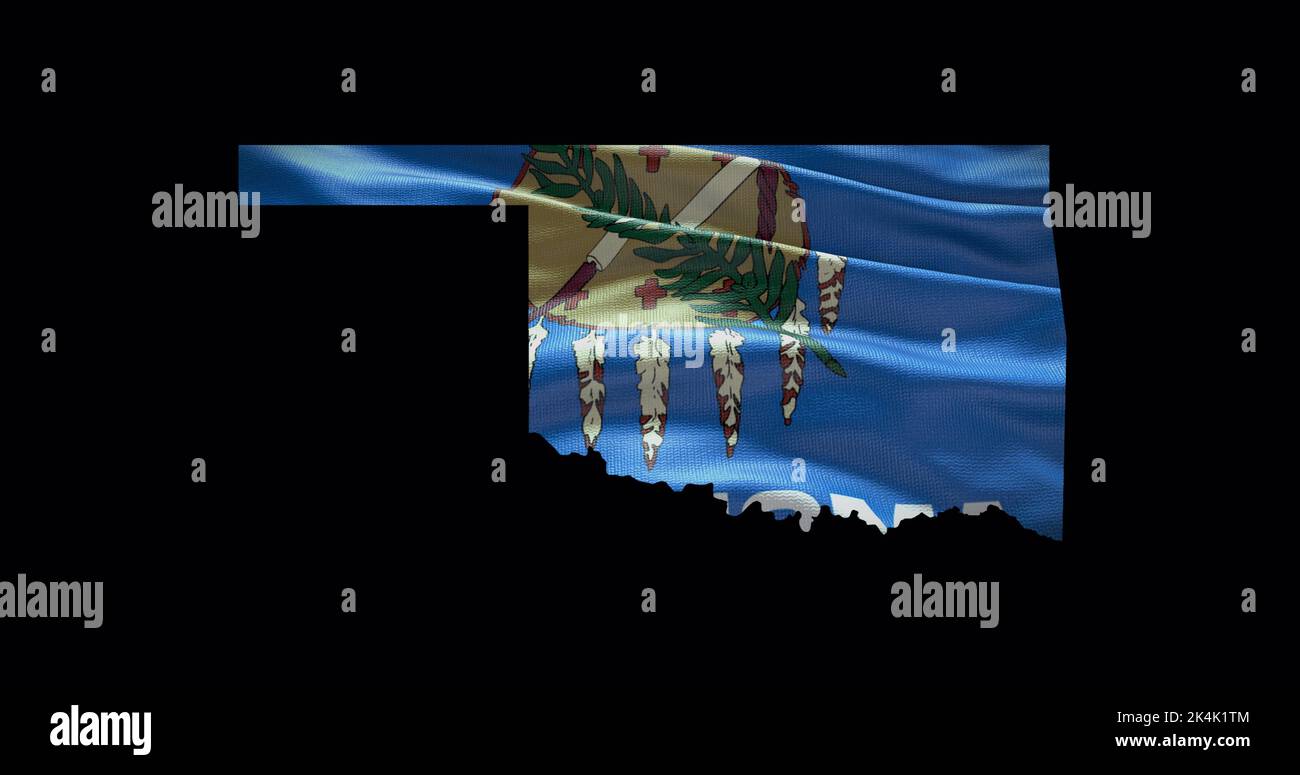 Oklahoma state map with waving flag. Alpha channel background. Stock Photo