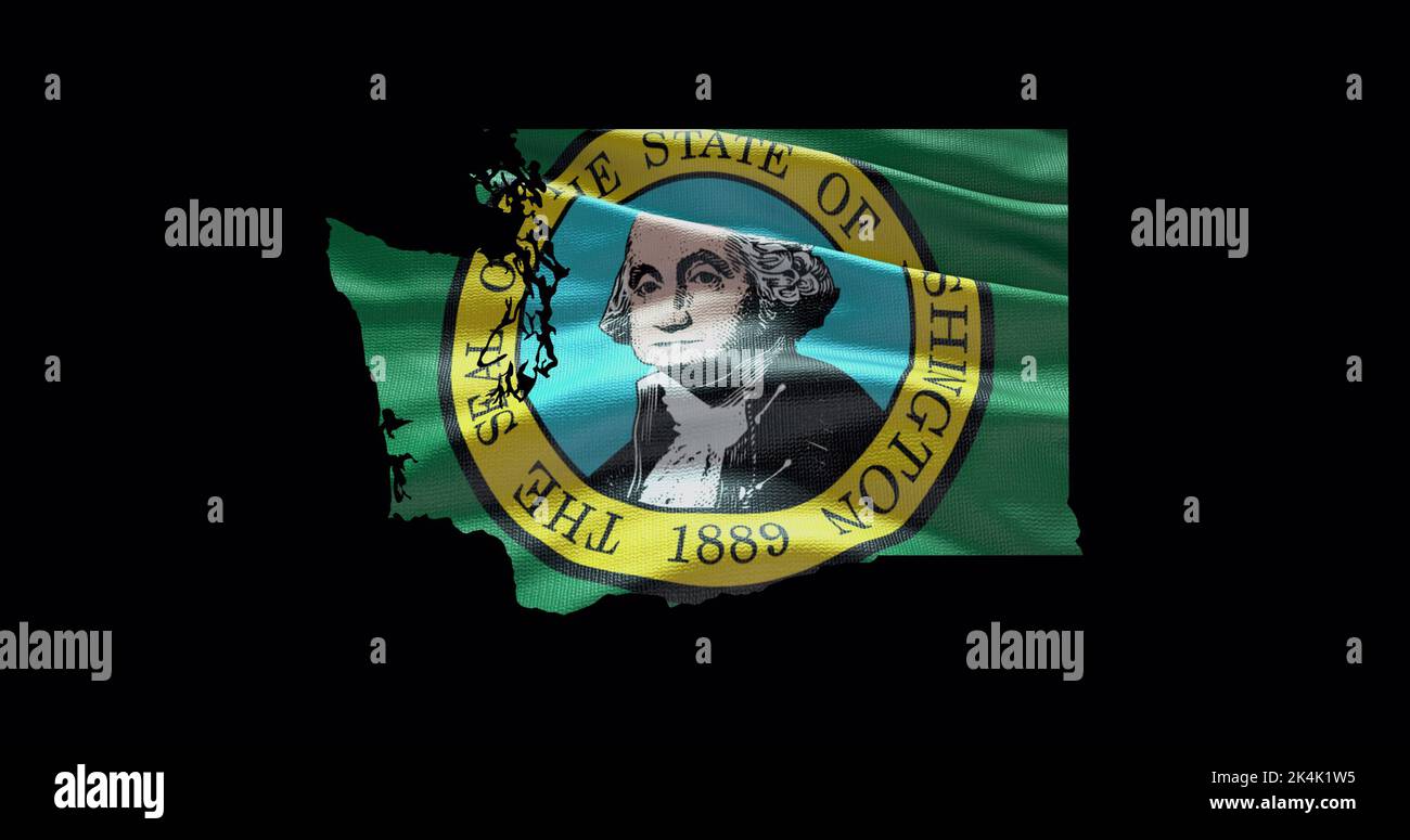 Washington state map with waving flag. Alpha channel background. Stock Photo