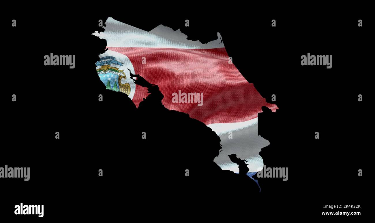 Costa Rica map shape with waving flag background. Alpha channel outline of country. Stock Photo
