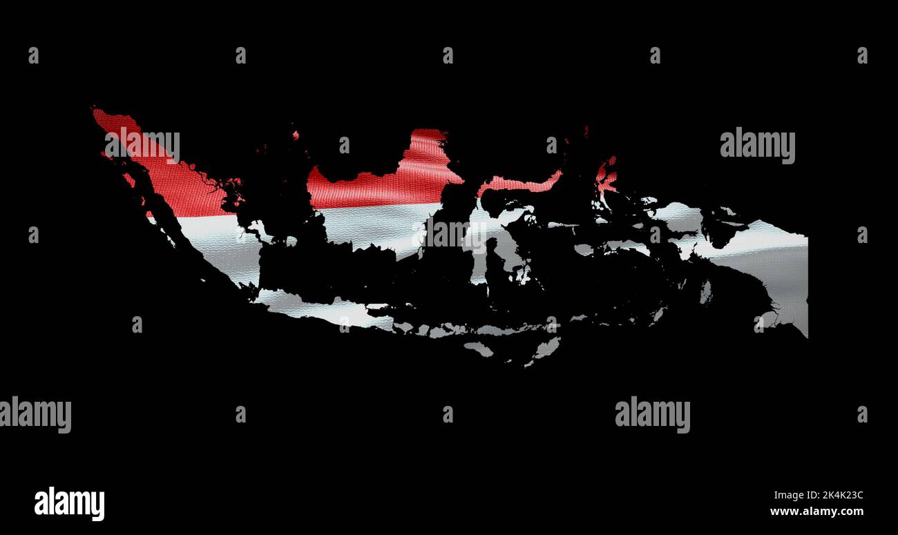 Indonesia map shape with waving flag background. Alpha channel outline of country. Stock Photo