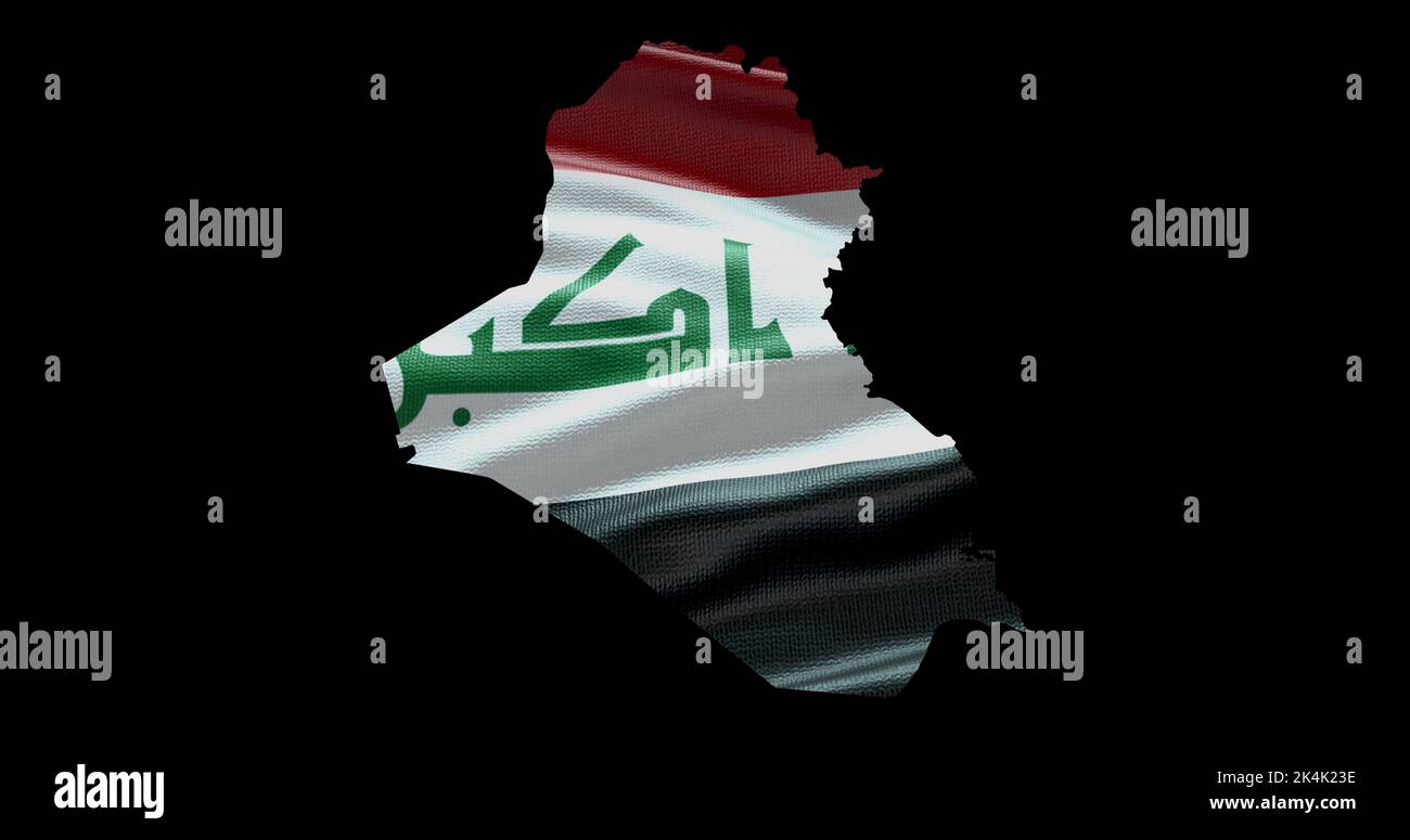 Iraq map shape with waving flag background. Alpha channel outline of country. Stock Photo
