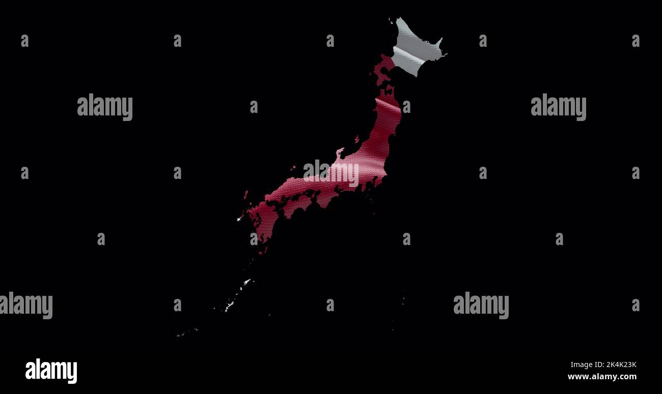Japan map shape with waving flag background. Alpha channel outline of country. Stock Photo