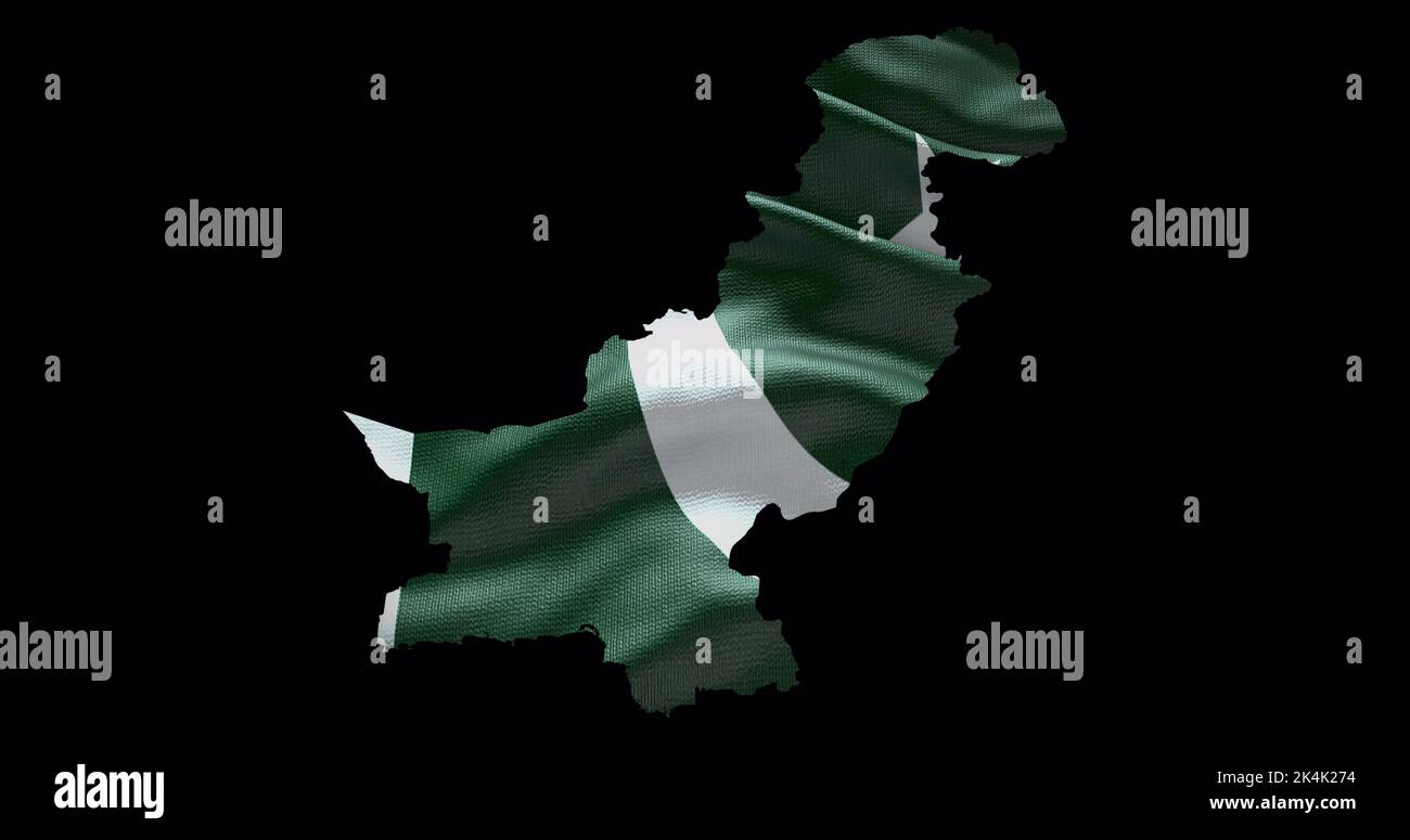 Pakistan map shape with waving flag background. Alpha channel outline of country. Stock Photo