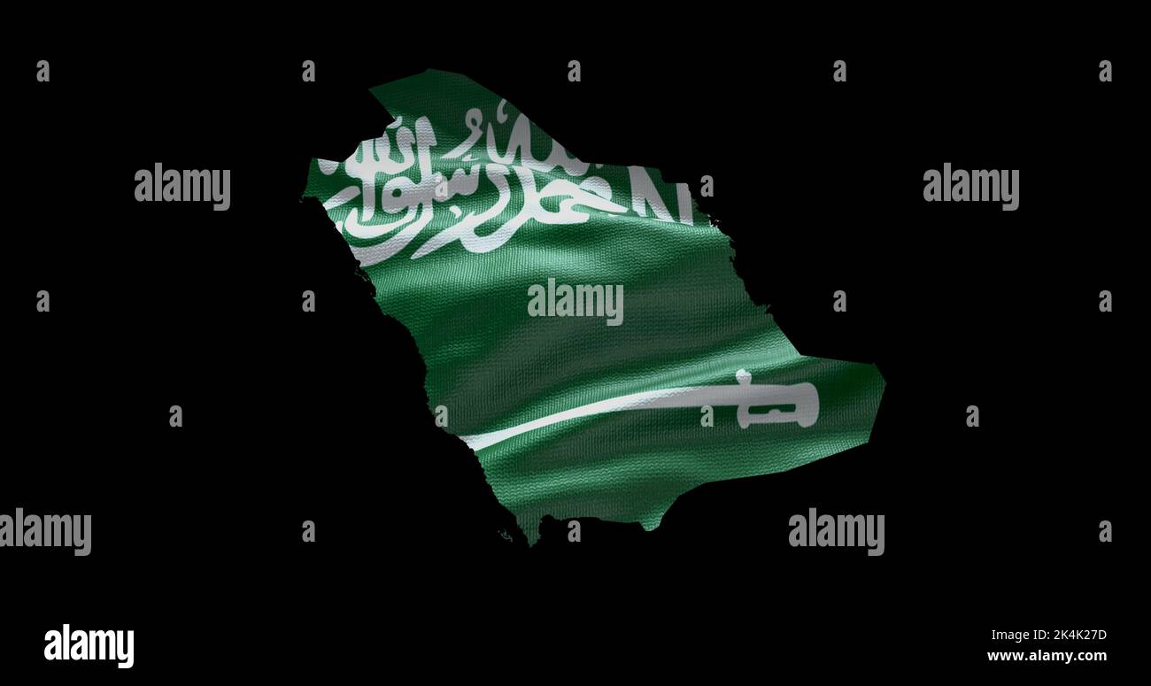 Saudi Arabia map shape with waving flag background. Alpha channel outline of country. Stock Photo