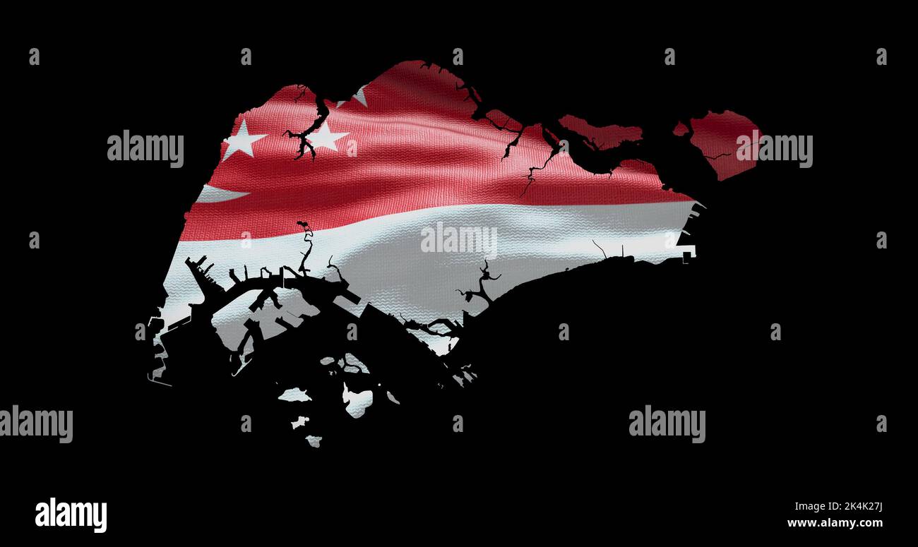 Singapore map shape with waving flag background. Alpha channel outline of country. Stock Photo