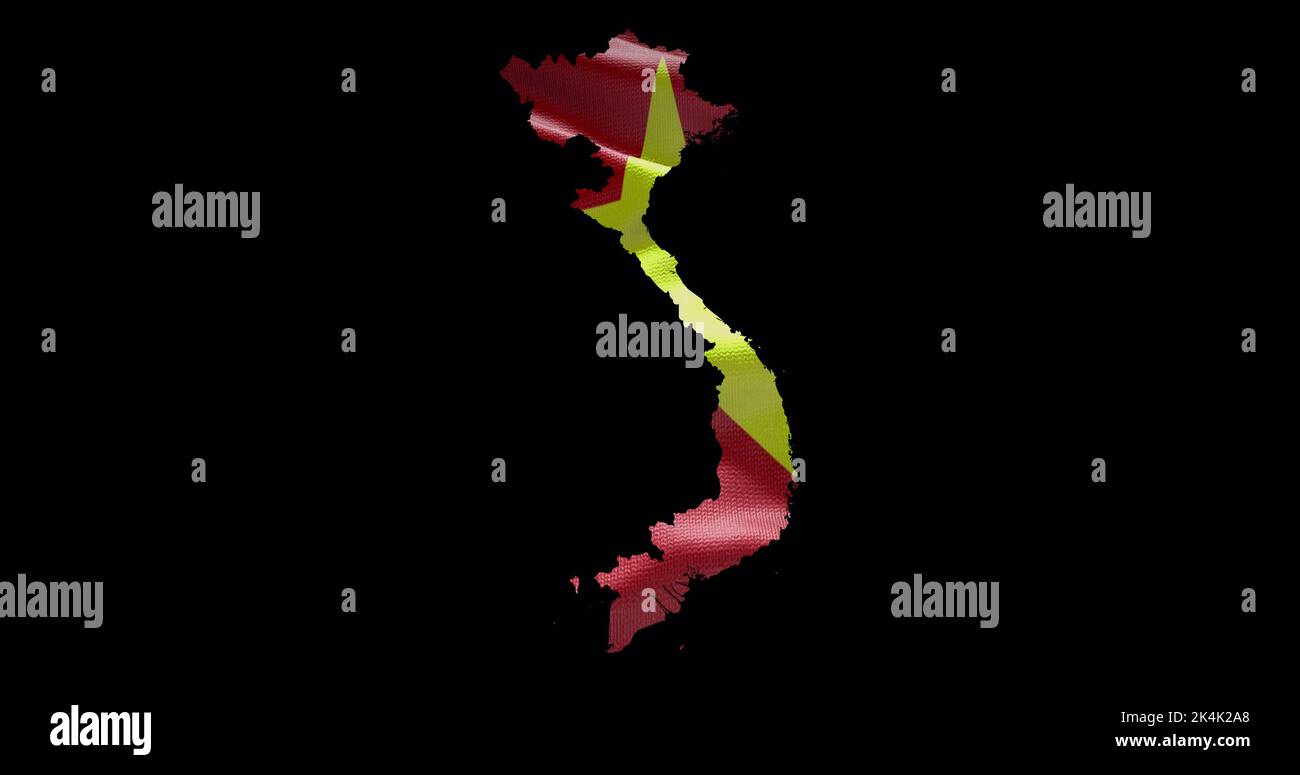 Vietnam map shape with waving flag background. Alpha channel outline of country. Stock Photo