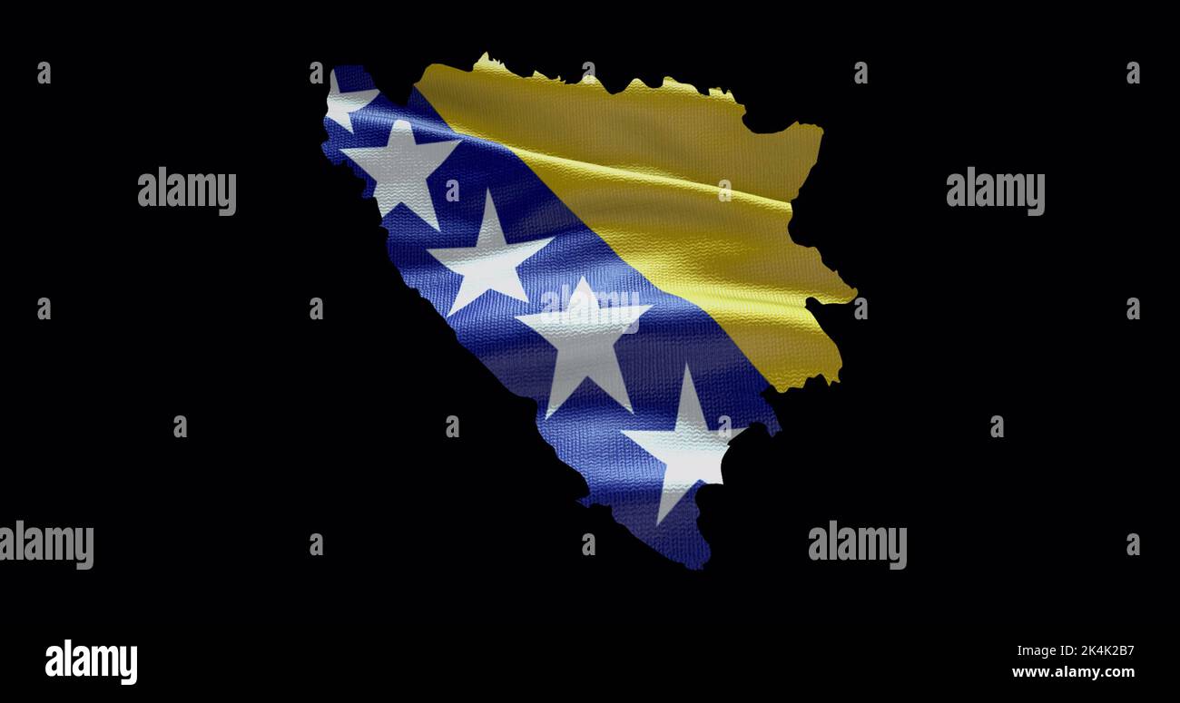 Bosnia and Herzegovina map shape with waving flag background. Alpha channel outline of country. Stock Photo