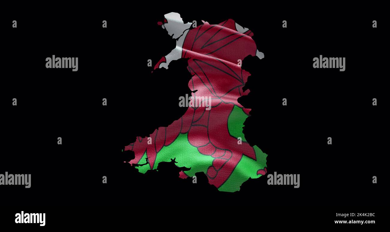 Wales map shape with waving flag background. Alpha channel outline of country. Stock Photo