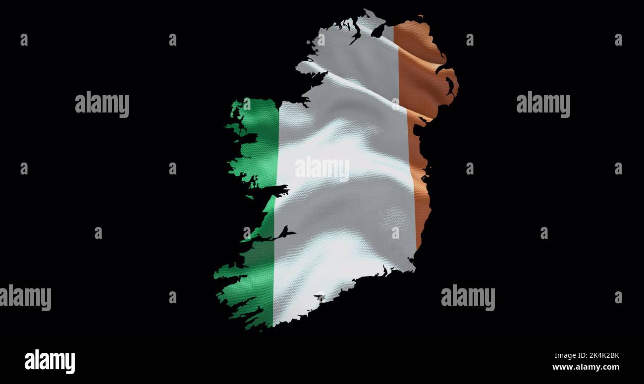 Ireland map shape with waving flag background. Alpha channel outline of country. Stock Photo