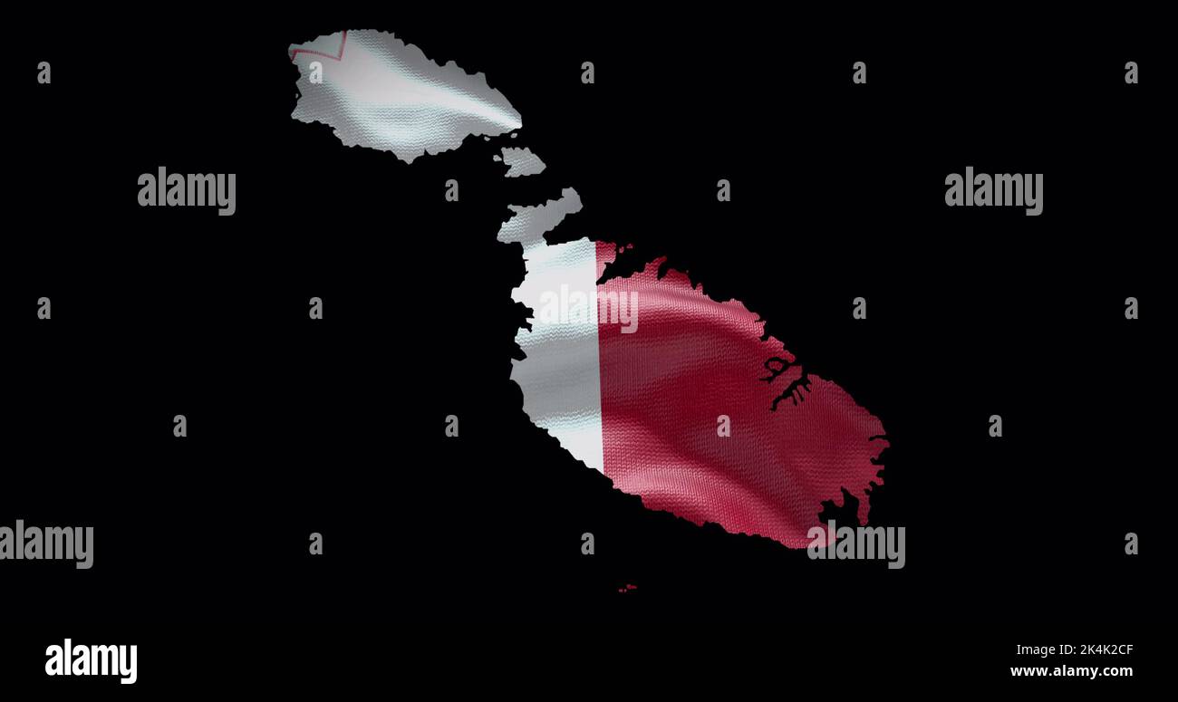 Malta map shape with waving flag background. Alpha channel outline of country. Stock Photo