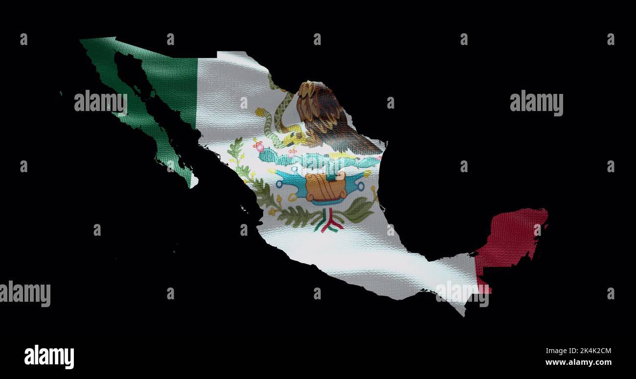 Mexico map shape with waving flag background. Alpha channel outline of country. Stock Photo