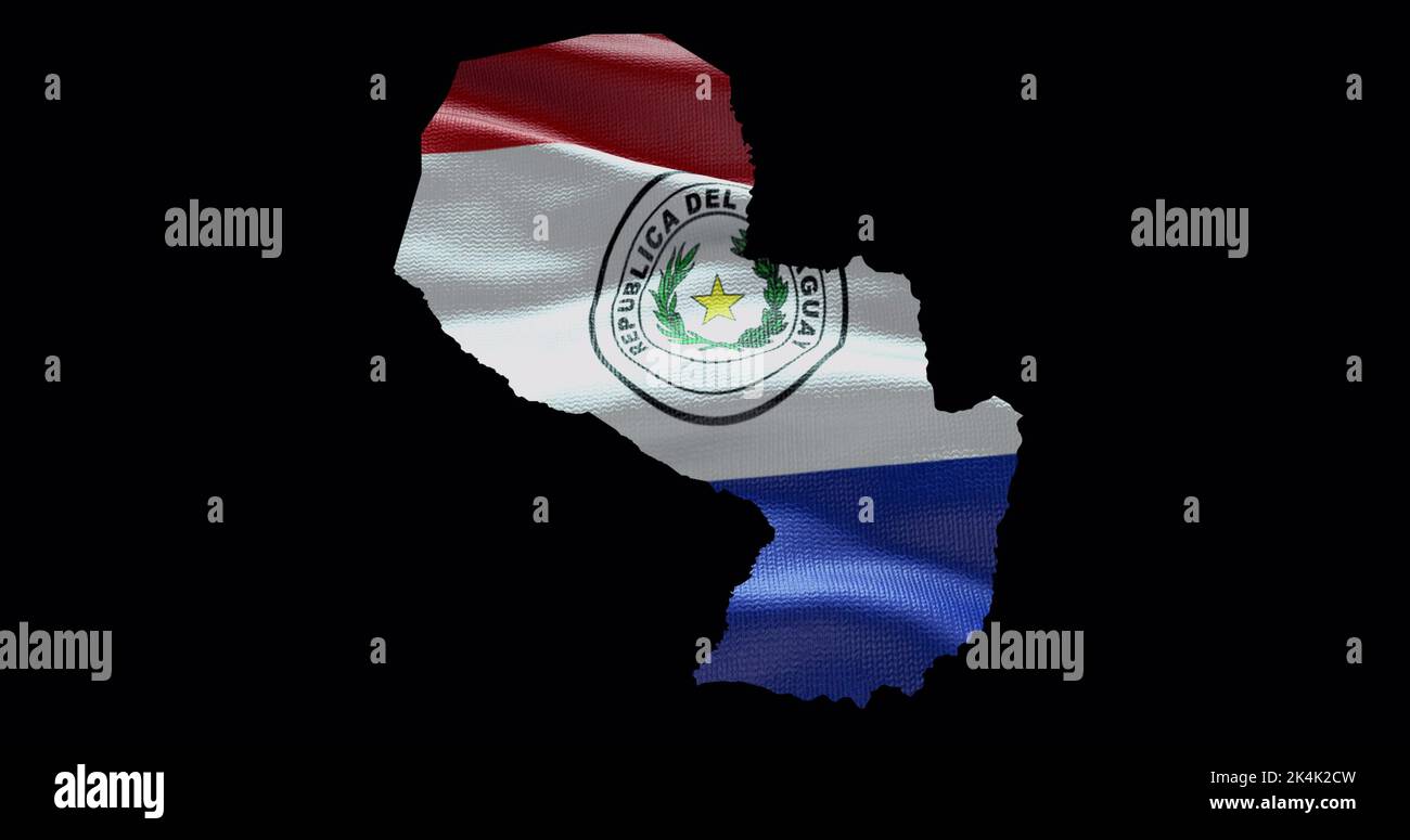 Paraguay map shape with waving flag background. Alpha channel outline of country. Stock Photo