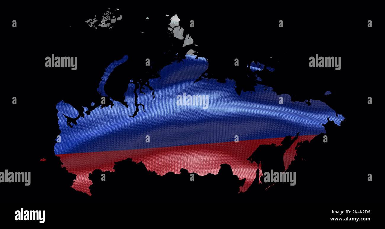 Russia map shape with waving flag background. Alpha channel outline of country. Stock Photo