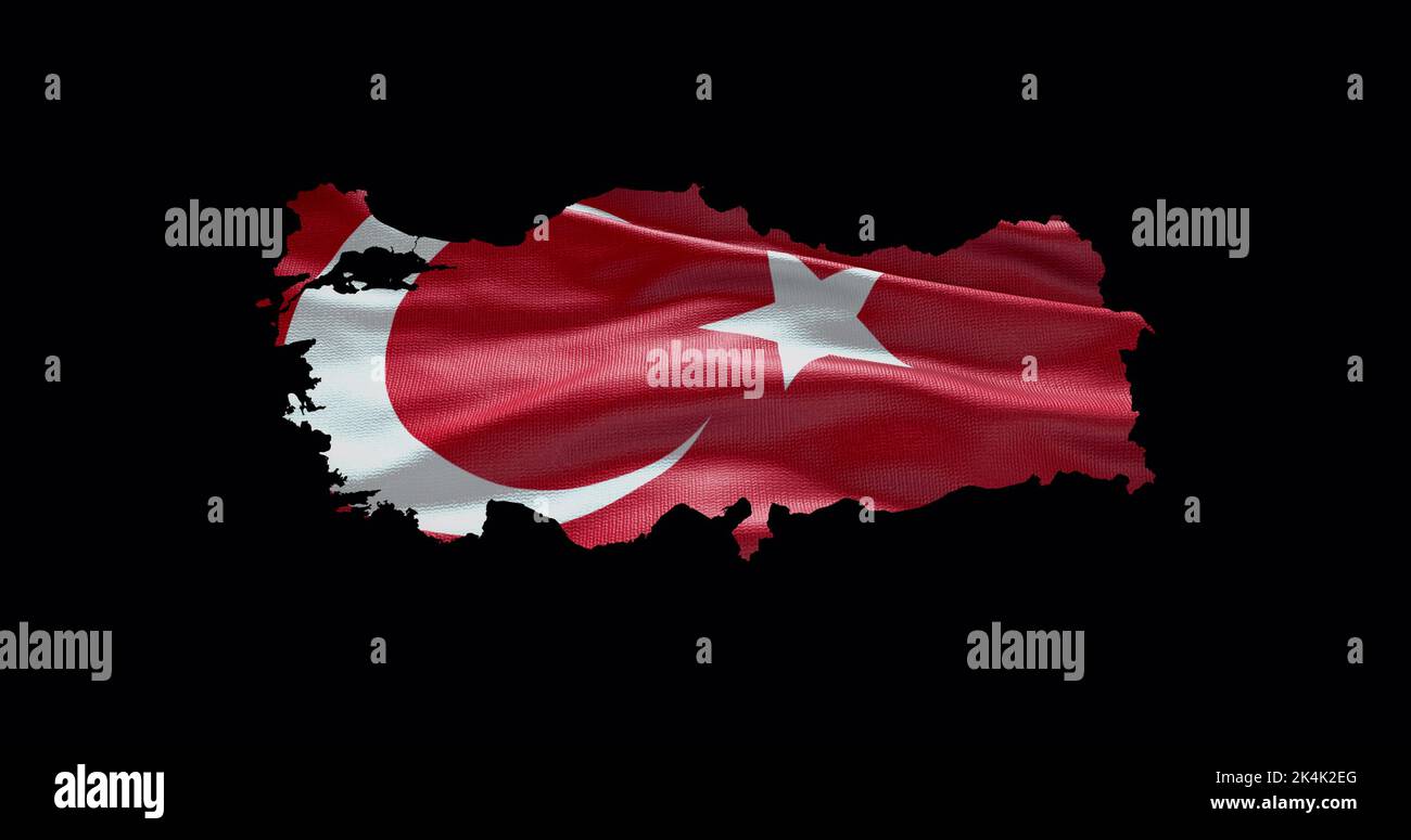 Turkey map shape with waving flag background. Alpha channel outline of country. Stock Photo