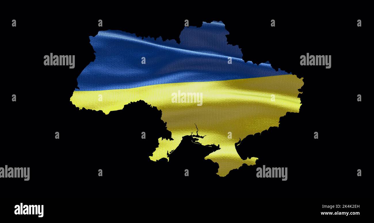 Ukraine map shape with waving flag background. Alpha channel outline of country. Stock Photo