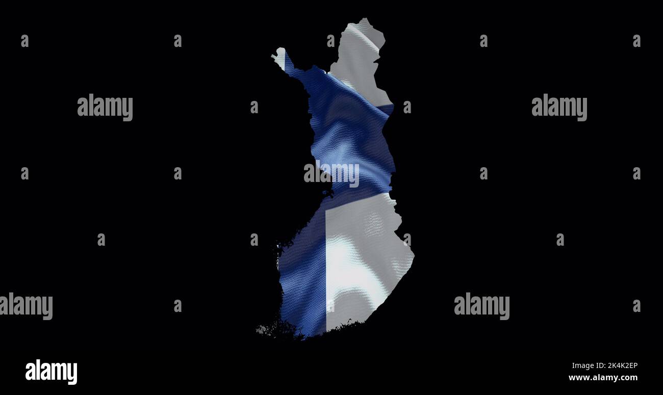 Finland map shape with waving flag background. Alpha channel outline of country. Stock Photo