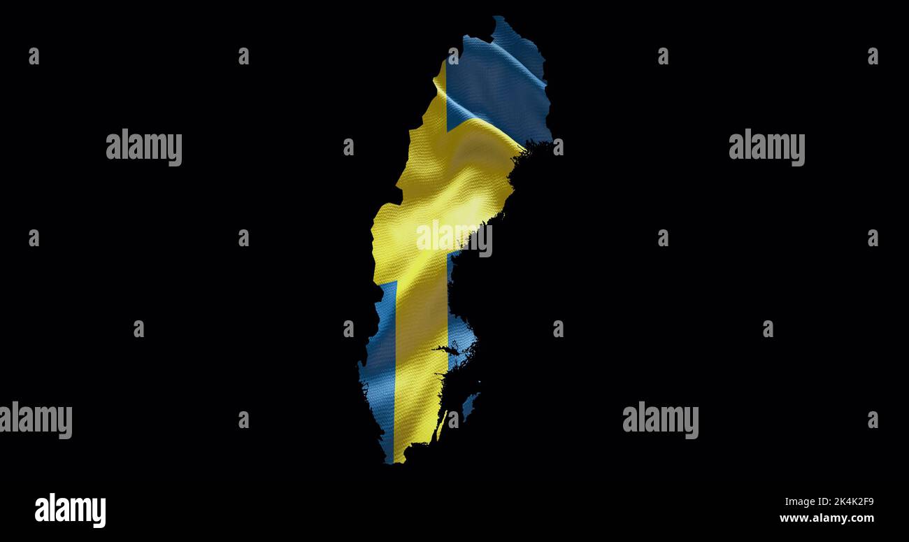 Sweden map shape with waving flag background. Alpha channel outline of country. Stock Photo