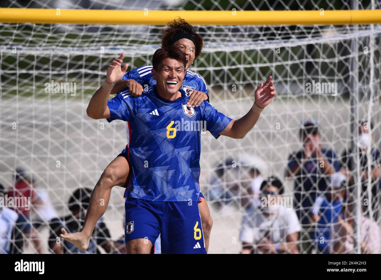 Akashi, Hyogo, Japan. 2nd Oct, 2022. (F-B) Takuya Akaguma (JPN), Yuki Kibune (JPN) Beach Soccer : during the International friendly beach soccer match between Japan 6-3 Ukraine at Okura Beach Park in Akashi, Hyogo, Japan . Credit: SportsPressJP/AFLO/Alamy Live News Stock Photo