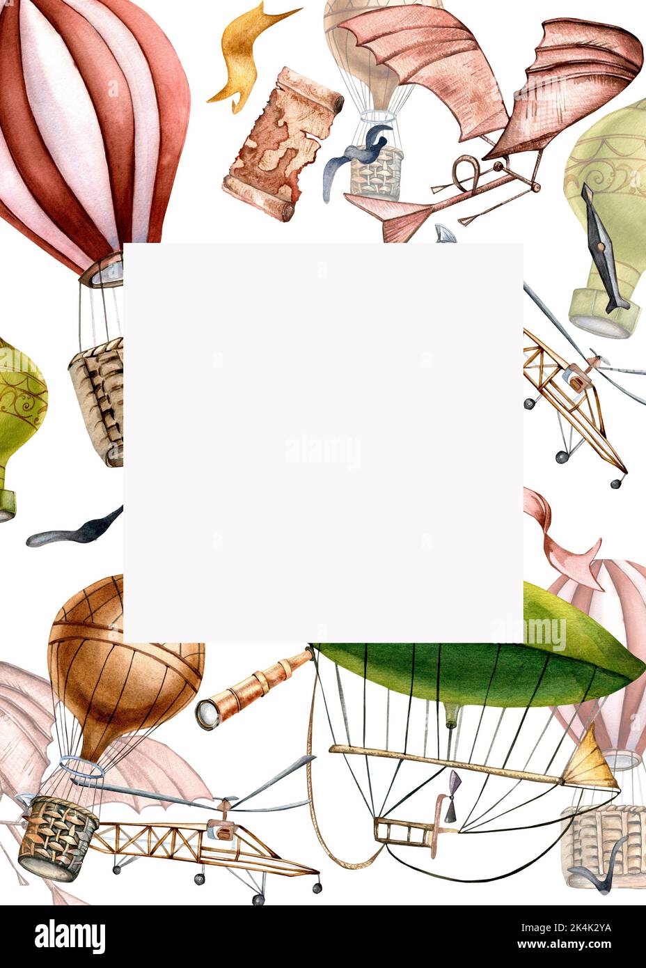 Frame of retro hot air balloons watercolor illustration isolated on white background. Retro dirigible, aircraft, airplane board hand drawn. Design ele Stock Photo