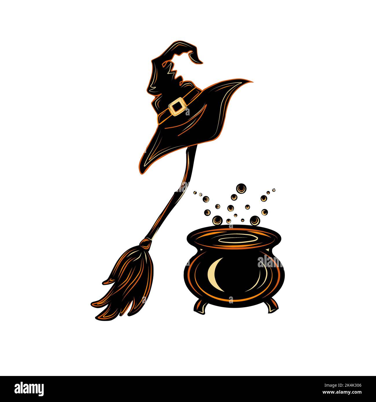 Witch&rsquo;s hat, broom and potion cauldron. Vector illustration with