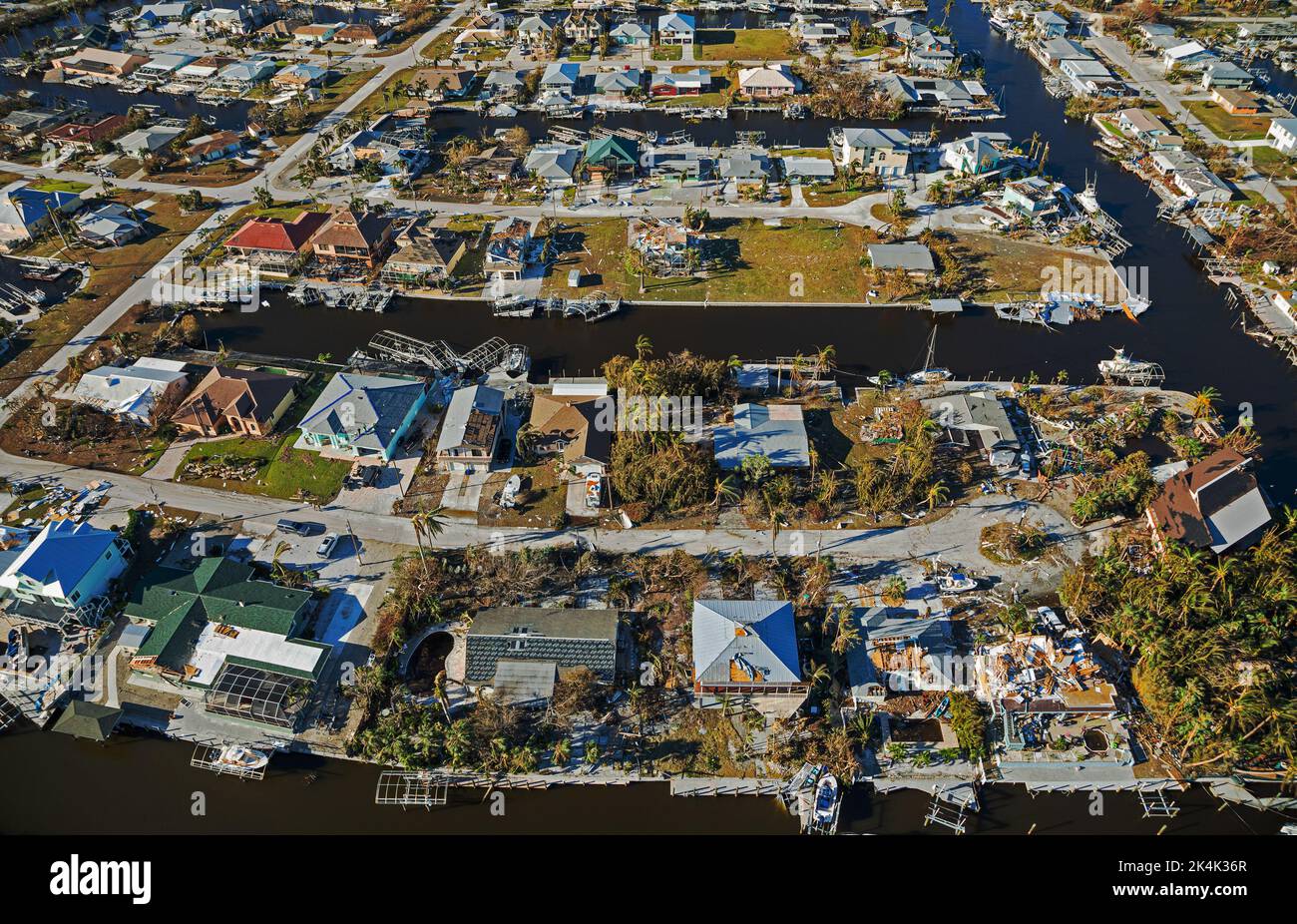 NEAR FORT MYERS, FLORIDA, USA - 30 September 2022 - Aerial view of the aftermath along Florida's coast after Hurricane Ian made landfall. The near Cat Stock Photo