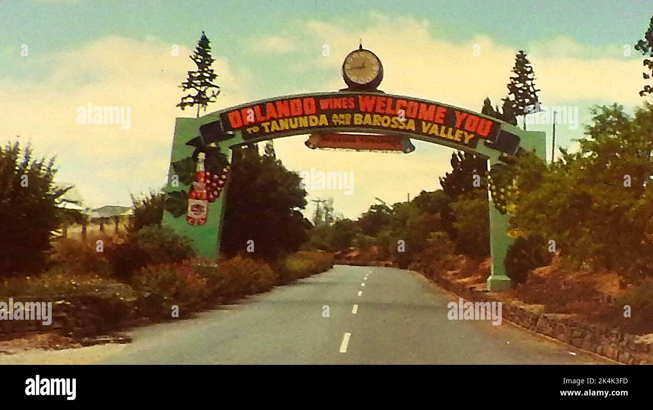 A 1970  roadway welcome arch to Tanunda and the Barossa Valley, wine producing areas of Australia produced by Orlando wines. Stock Photo