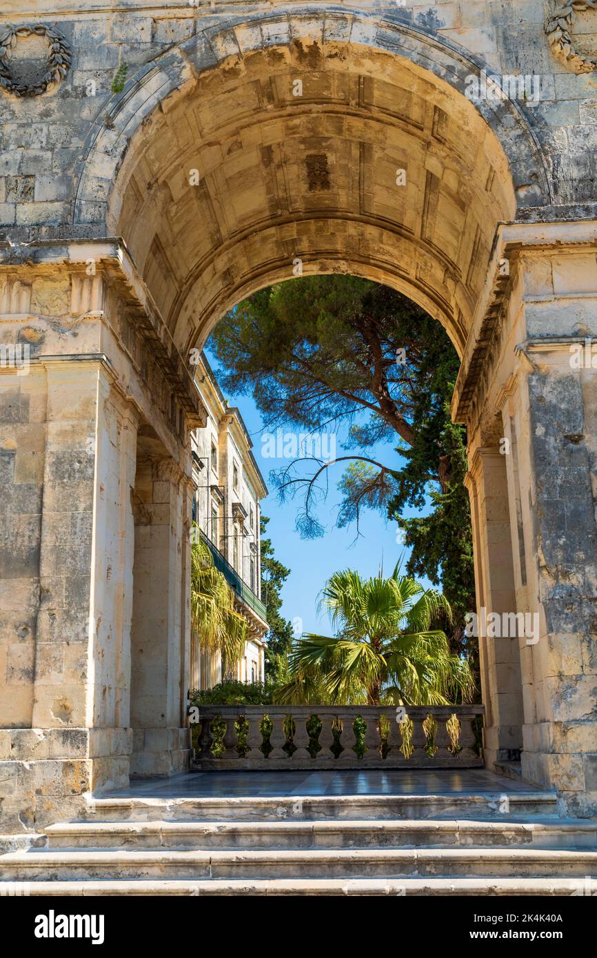 Gate with round arch at the palace of Saint Michael and Saint George, Kerkyra, Corfu Stock Photo
