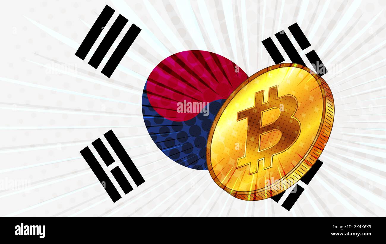 Gold coin of Bitcoin BTC and colored flag of South Korea on background. Central Bank of Republic of Korea adopts laws on mining and digital assets. Ve Stock Vector