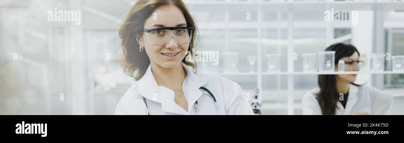 portrait of scientist in lab of technology chemist developing concept, female researcher, medical scientist or doctor in laboratory Stock Photo