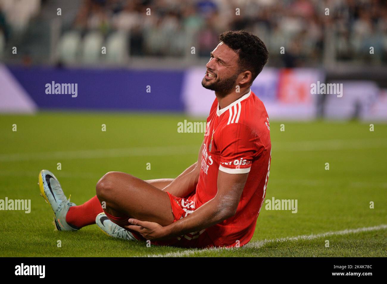 Goncalo Ramos (SL Benfica) injured during the UEFA Champions League group H match between Juventus and SL Benfica at Allianz Stadium, on 14 September Stock Photo