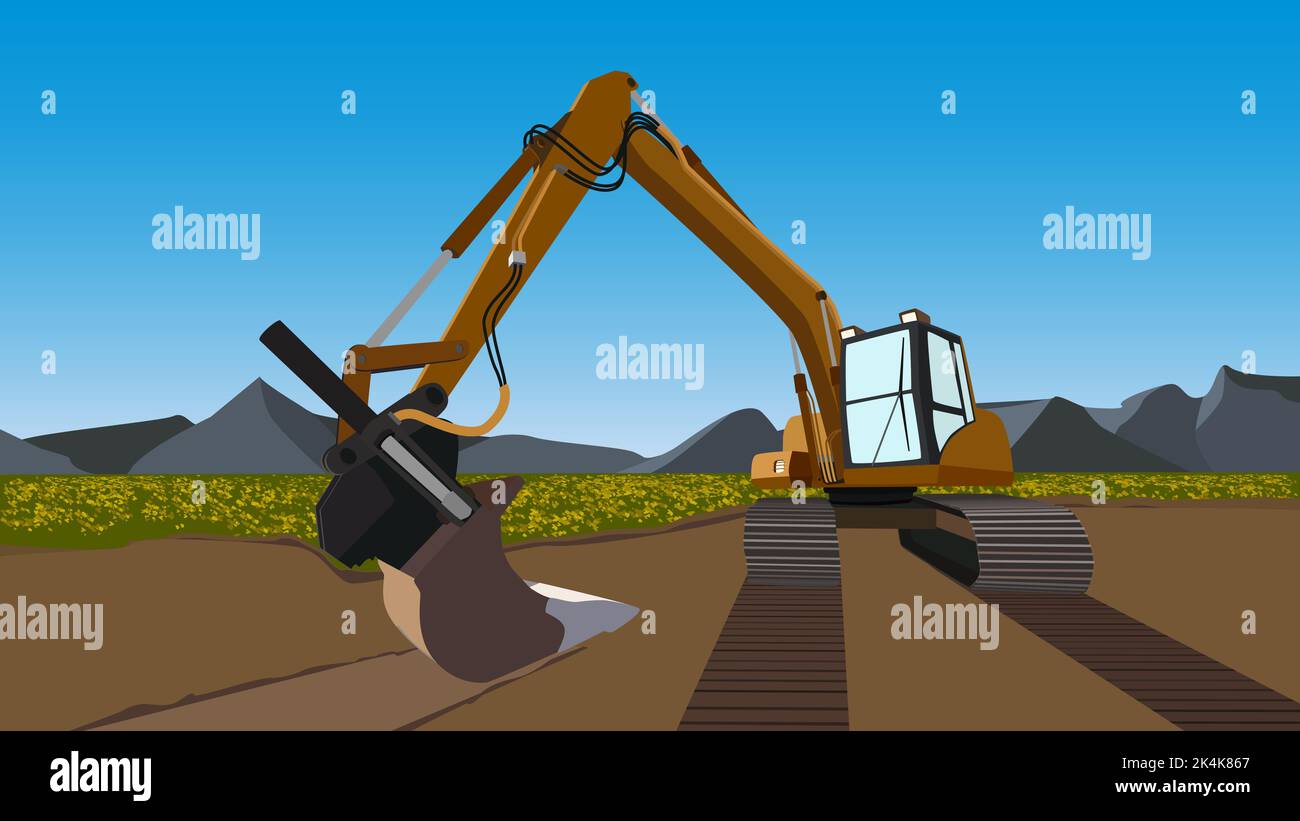 Color excavator on field with flowers and mountains behind with blue sky. Excavator bucket on