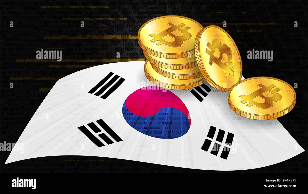 Stacks of gold coins of Bitcoin BTC on colored flag of South Korea on dark digital background. Central Bank of Republic of Korea adopts laws on digita Stock Vector
