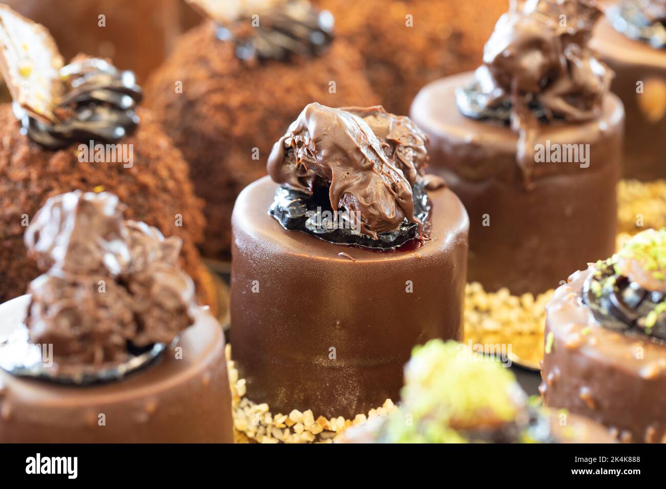 Types of cakes. Cakes on display at the patisserie counter Stock Photo