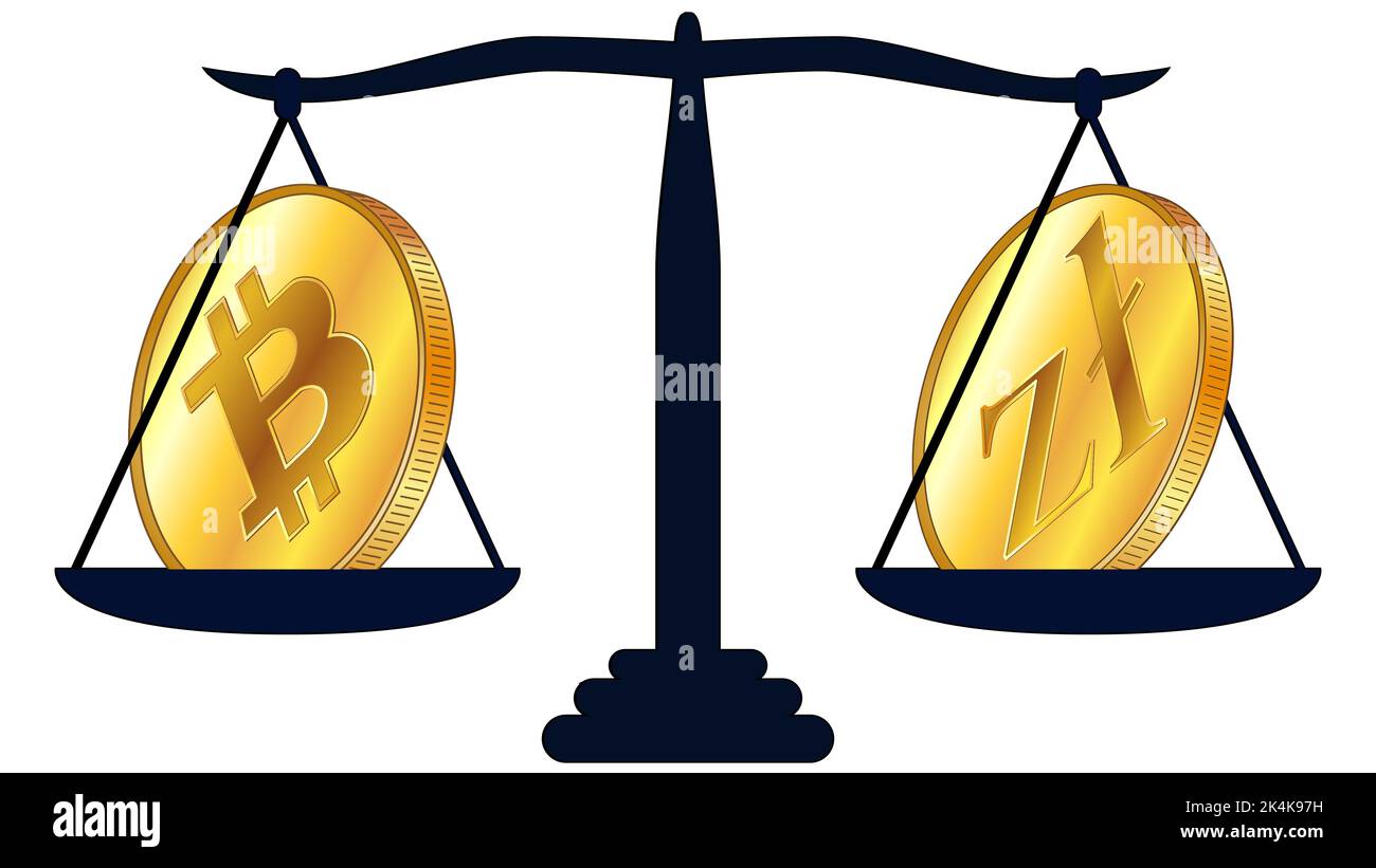 Gold coin of Bitcoin BTC and Polish Zloty PLN on scales isolated on white background. Laws on digital assets CBDC. Vector design element. Stock Vector