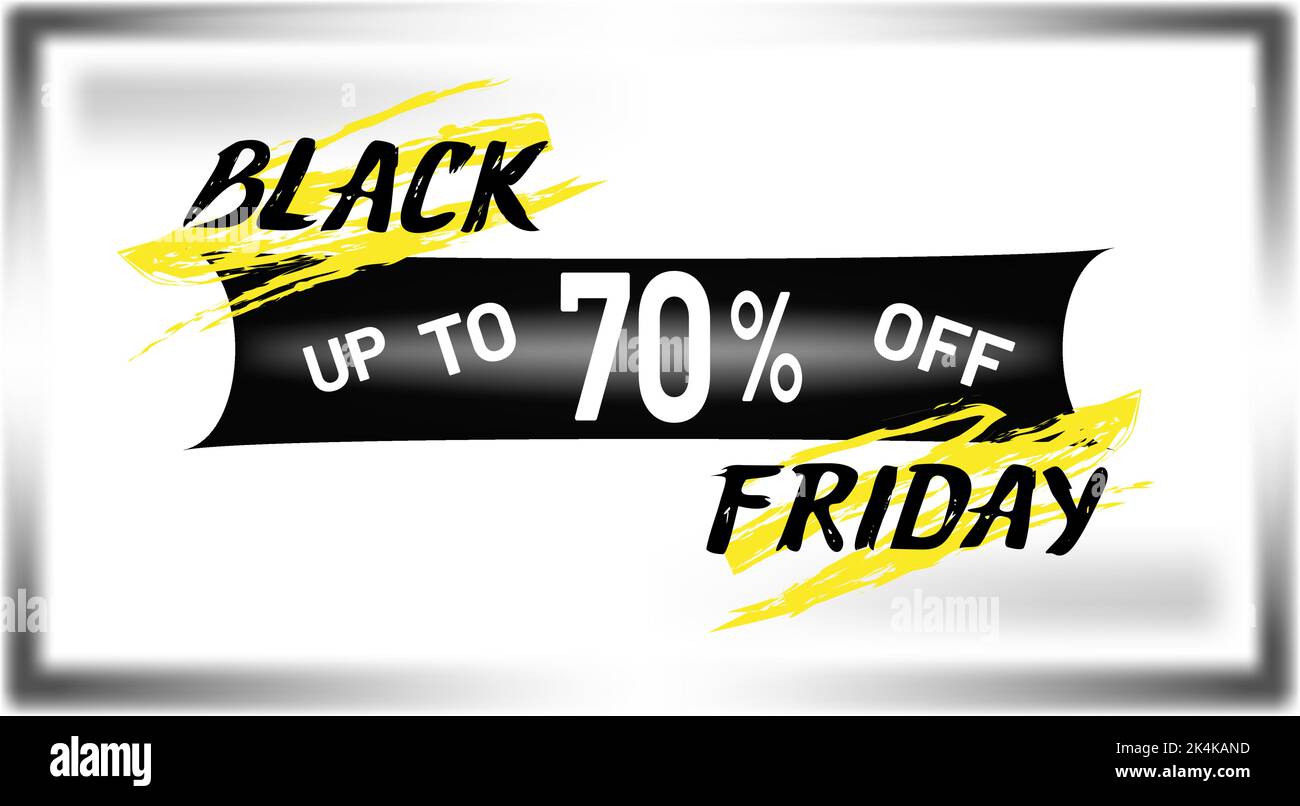 Black Friday Up To 70% Off phrase lettering with highlighting yellow grunge brush strokes, on white shiny metallic background, for various prints, ads Stock Vector