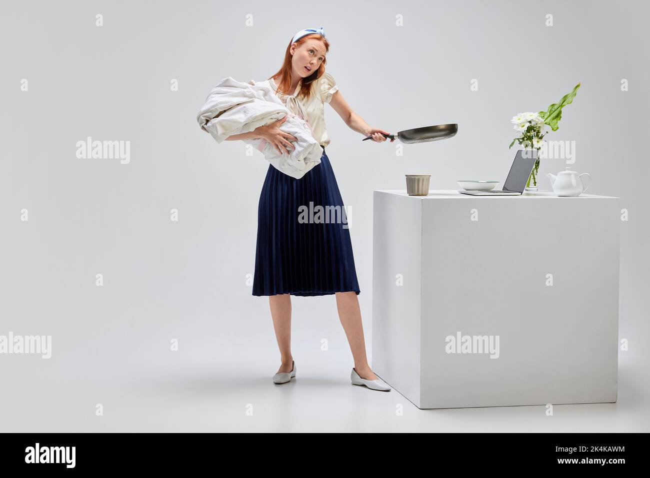 Active lifestyle of modern women. Business and housekeeping. Busy