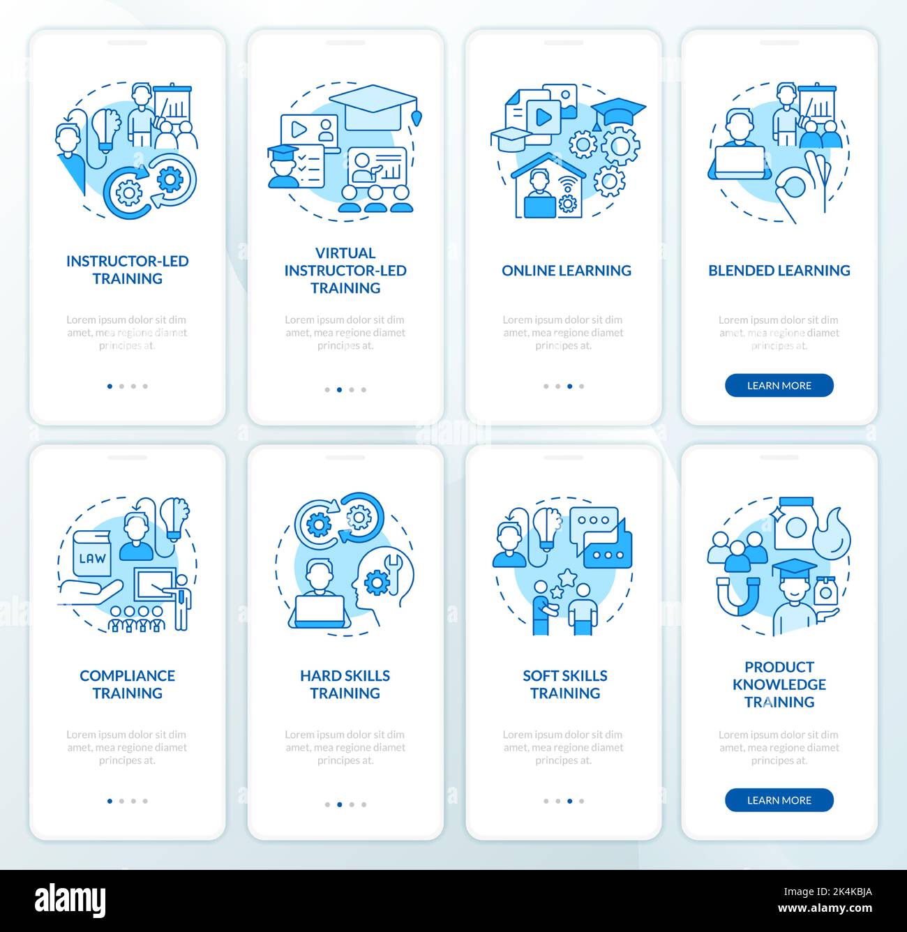 Developing training programs blue onboarding mobile app screen set Stock Vector
