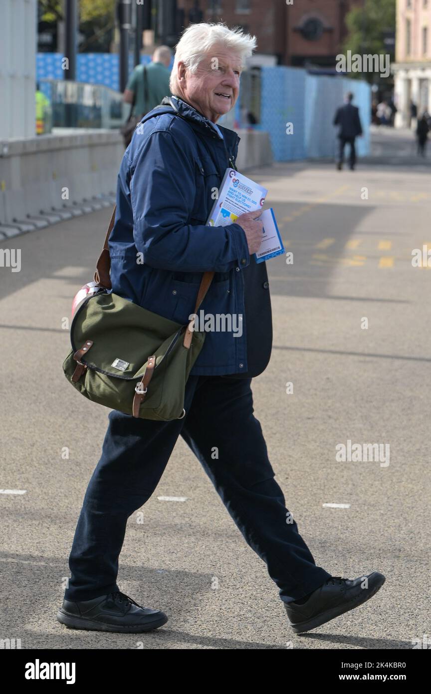 Centenary Square, Birmingham - October 3rd 2022 - Stanley Johnson, Father of Boris Johnson, arrives at the Conservative Party Conference in Birmingham at the International Convention Centre and Centenary Square. Pic Credit: Scott CM/Alamy Live News Stock Photo