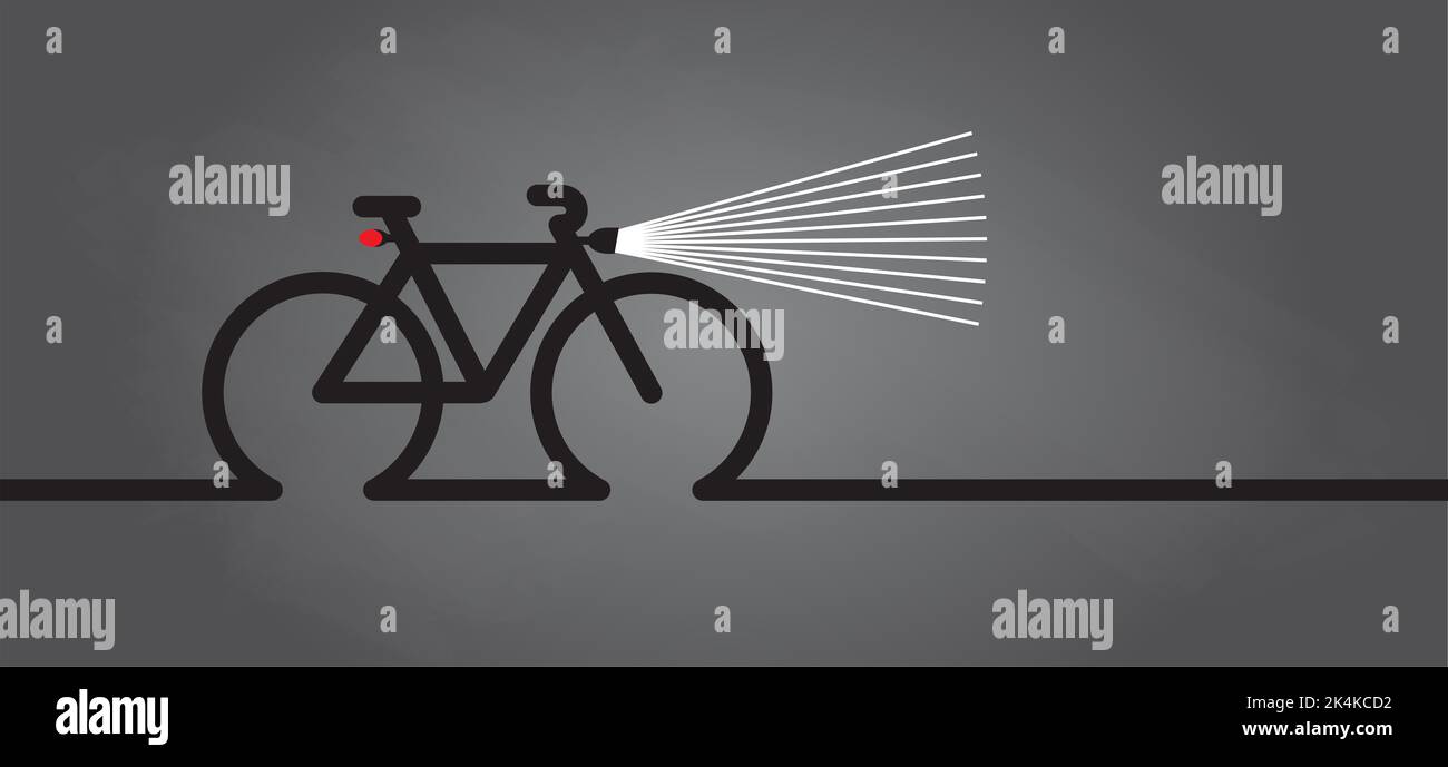 Cycling in the dark, with bicycle lights. World Bicycle day. Sport cyclist banner, walppaper or card. Funny vector bike signs. Sports symbol. Clipart Stock Photo