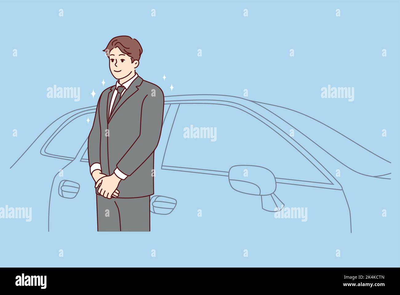 Car driver in suit standing near car waiting for client. Chauffeur in formalwear working in luxury automobile company. Good quality service. Vector illustration.  Stock Vector