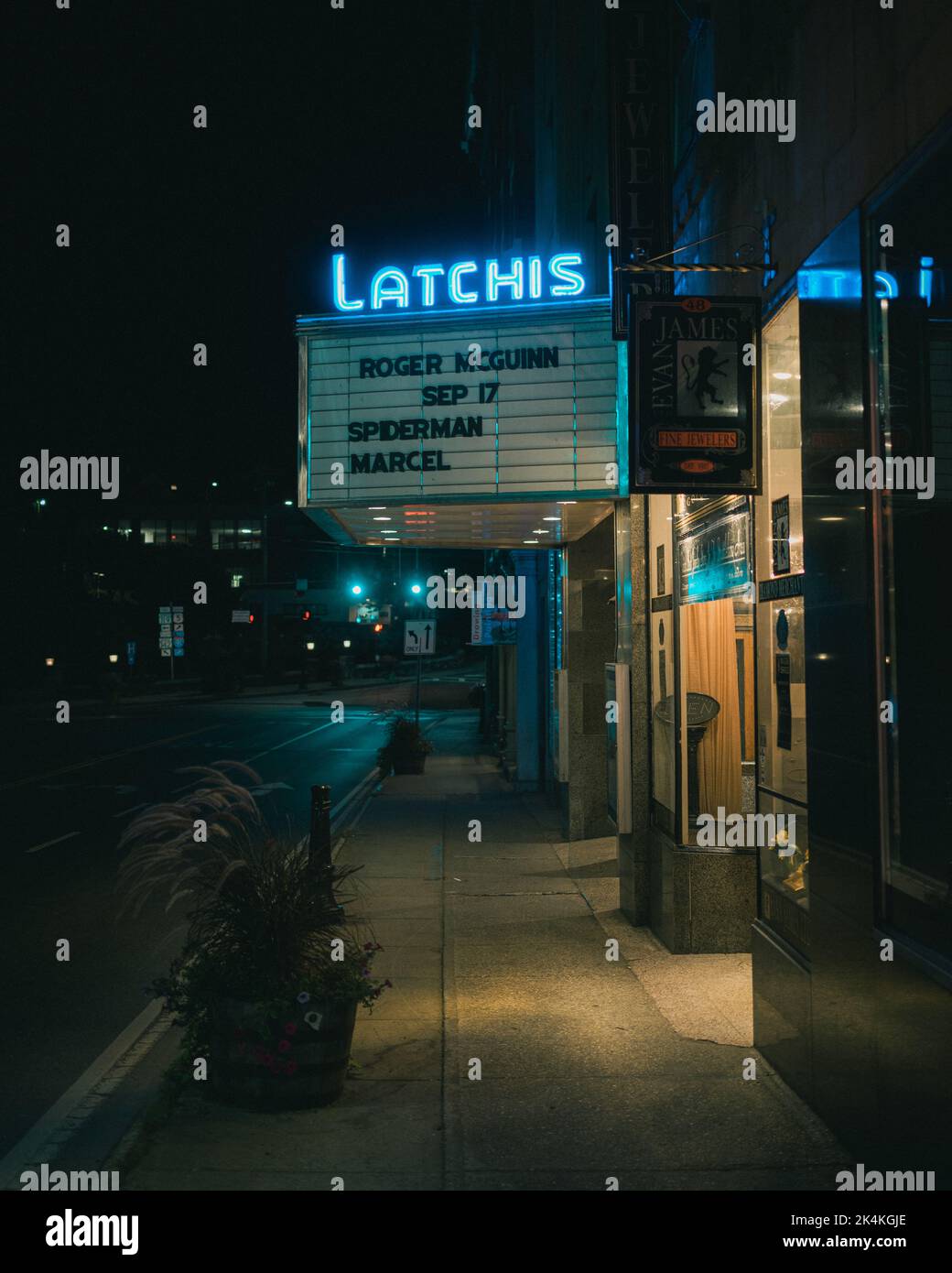 Latchis Theatre vintage neon sign at night, Brattleboro, Vermont Stock