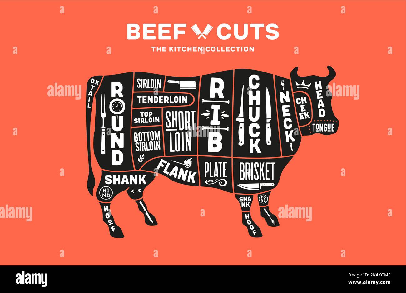 Cow, beef. Scheme, diagram, chart beef, butcher guide. Poster for