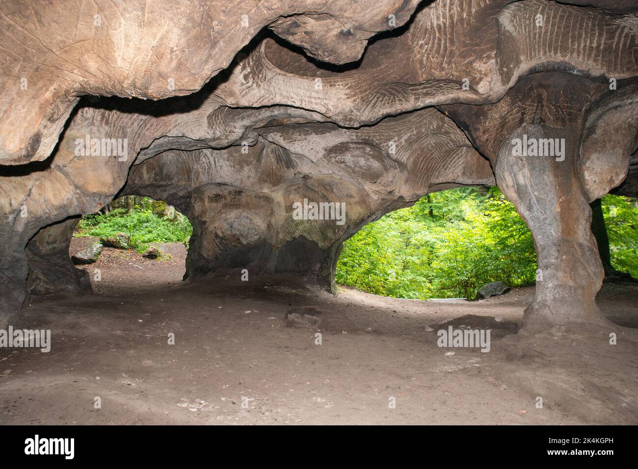 Huel Lee or Hohllay on the Mullerthal trail in Luxembourg, open cave with view to the forest, sandstone rock formation Stock Photo