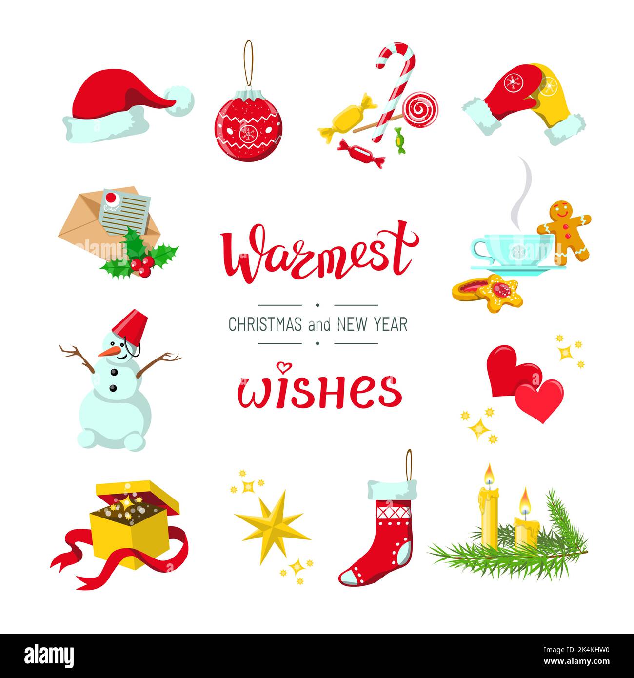 Set of 12 fashionable design elements, cartoon clipart, Christmas and New Year related objects, Warmest Wishes lettering Stock Vector