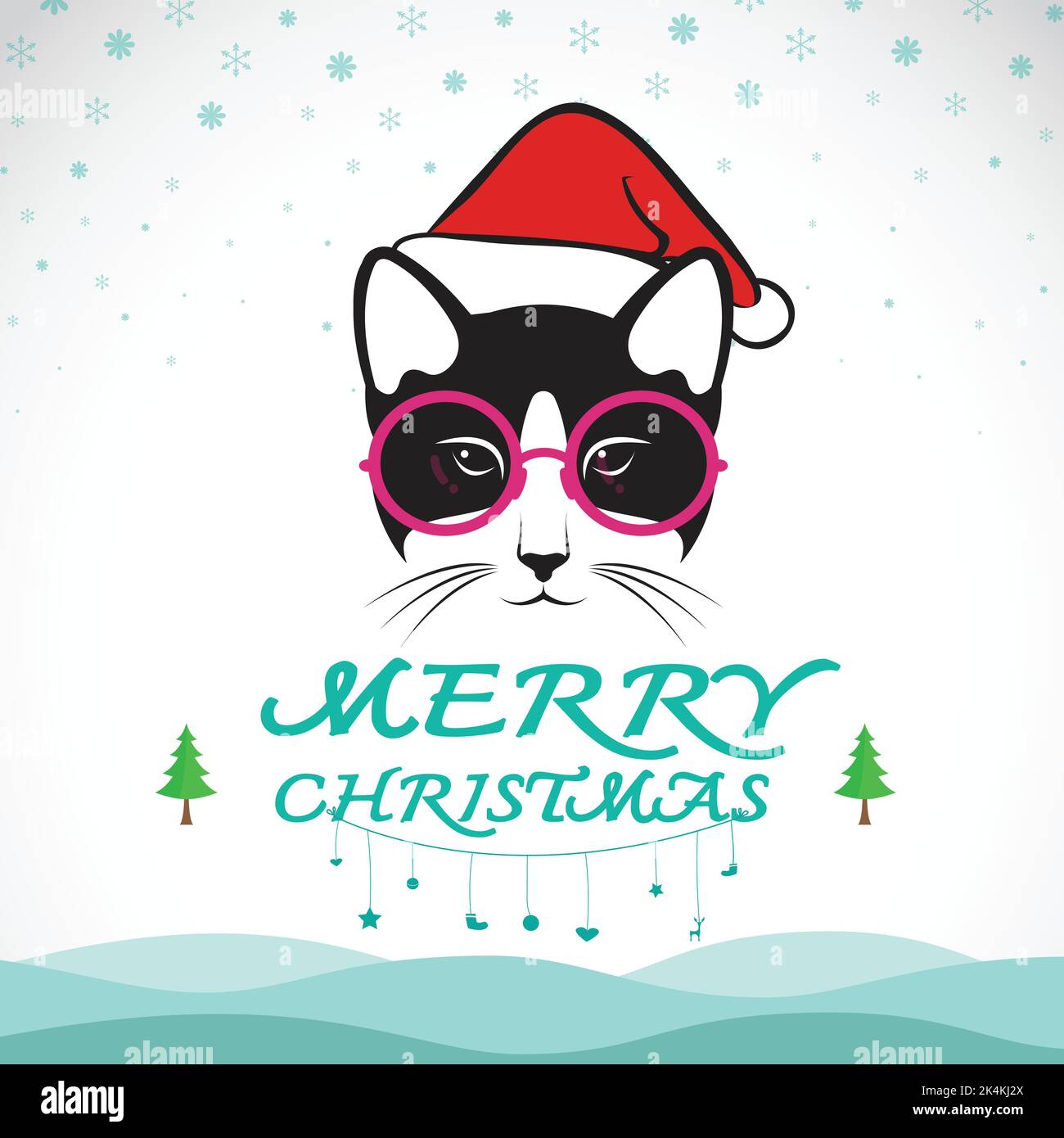 Vector merry christmas greeting cat card on white background. Easy editable layered vector illustration. Stock Vector