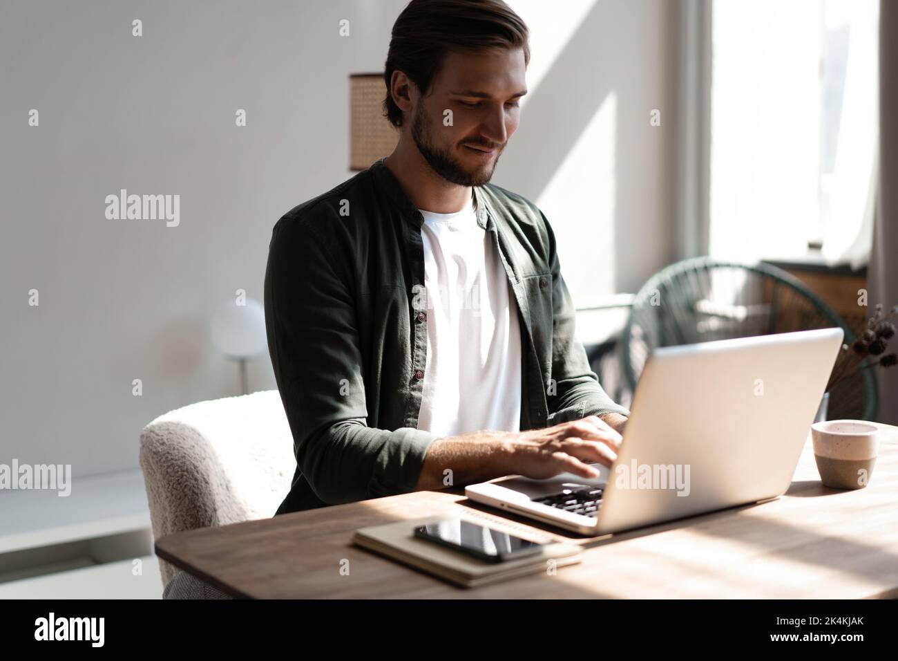 Male remote working from home and having work confrence video call. Freelancer working on laptop at home office Stock Photo